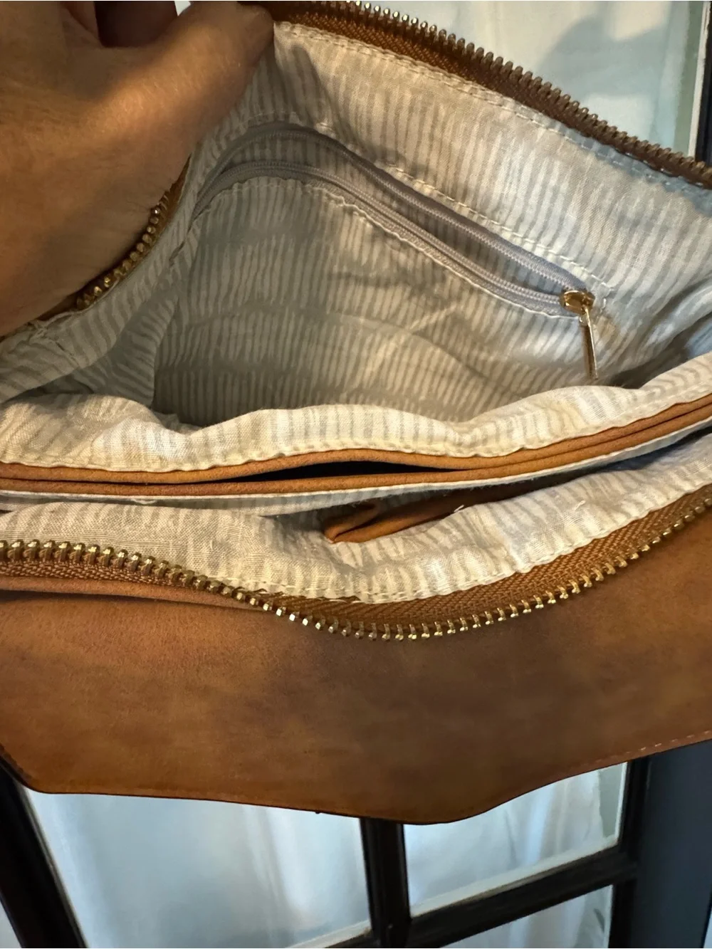 Tan Faux Leather Crossbody Bag with Laser-Cut Detail